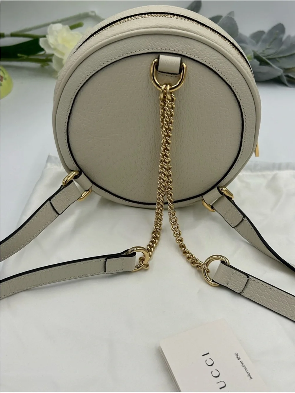 Gucci, Ophidia, mini round backpack featuring iconic gold tone double G logo NWT